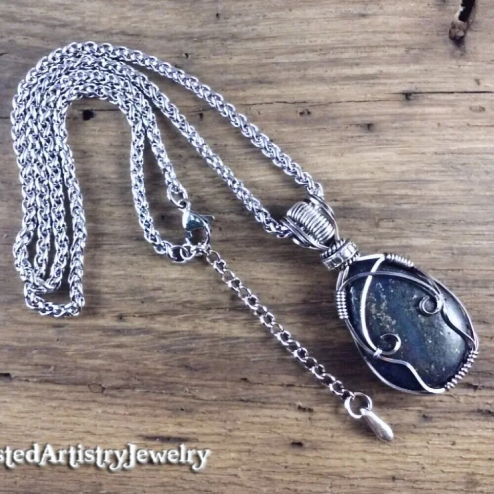 Blue Jasper Lotus Wire Wrapped Pendant Necklace - Picture 2 of 4